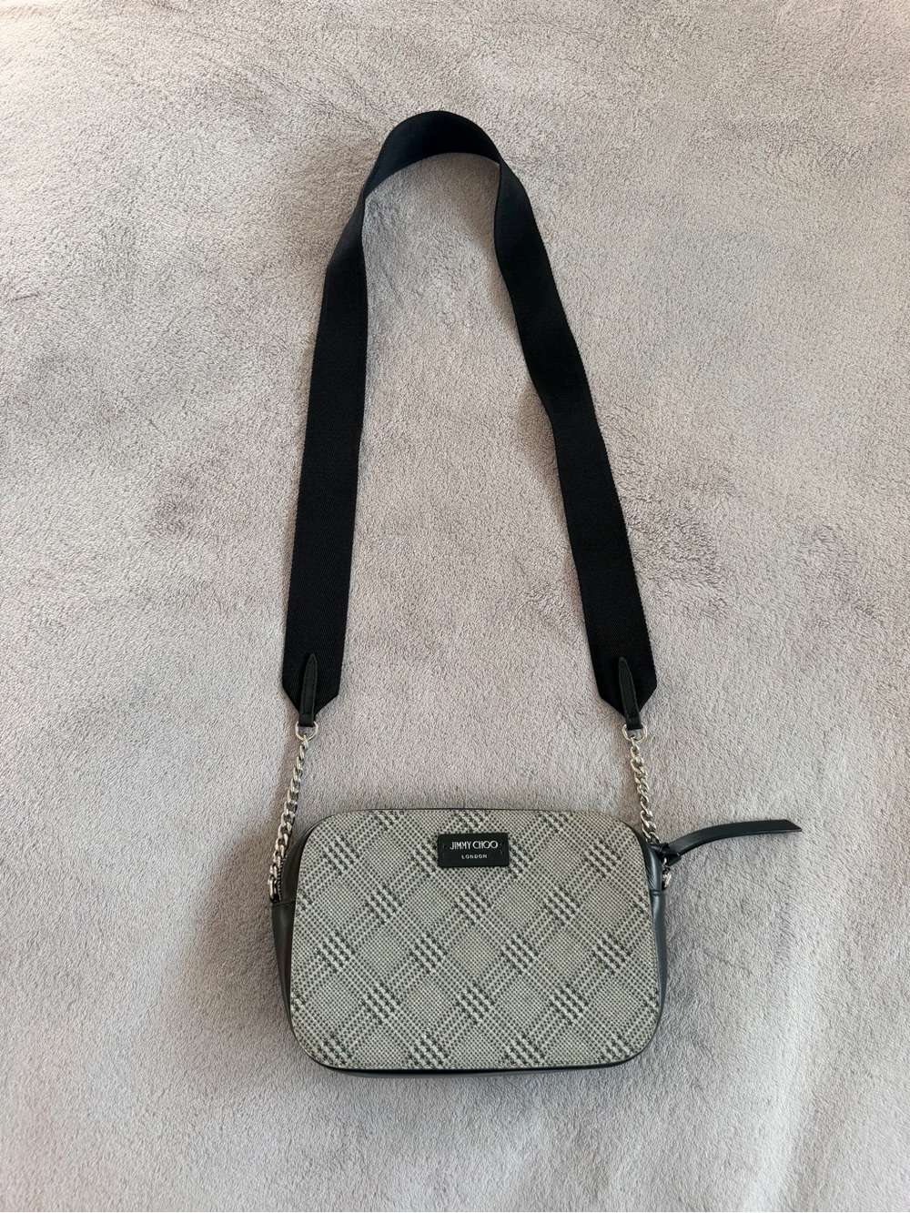 Jimmy Choo Gray Patterned Crossbody Camera Bag with Black Strap